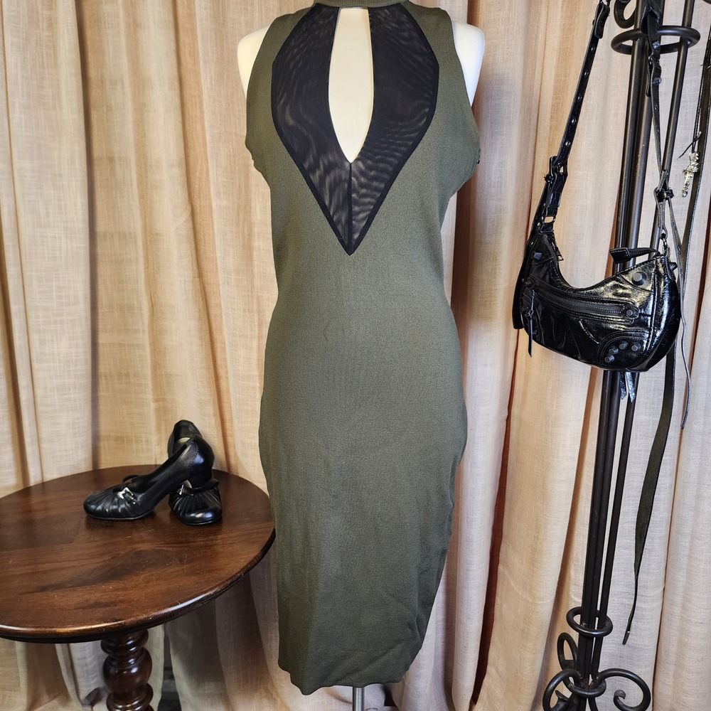 Rachel Rachel Roy Olive Midi Dress L Mesh Keyhole Bodycon Mock Neck